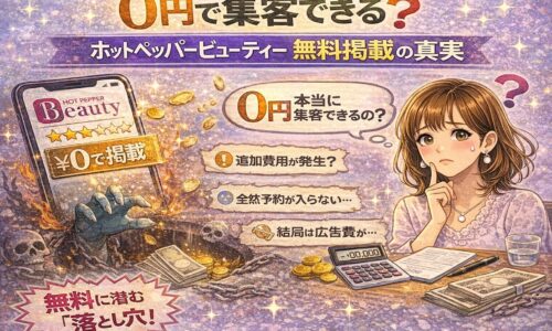 0円で集客できる？ホットペッパービューティー無料掲載の真実を解説するアイキャッチ画像。¥0掲載に疑問を持つサロンオーナーと、追加費用や集客不足を示すイラスト。