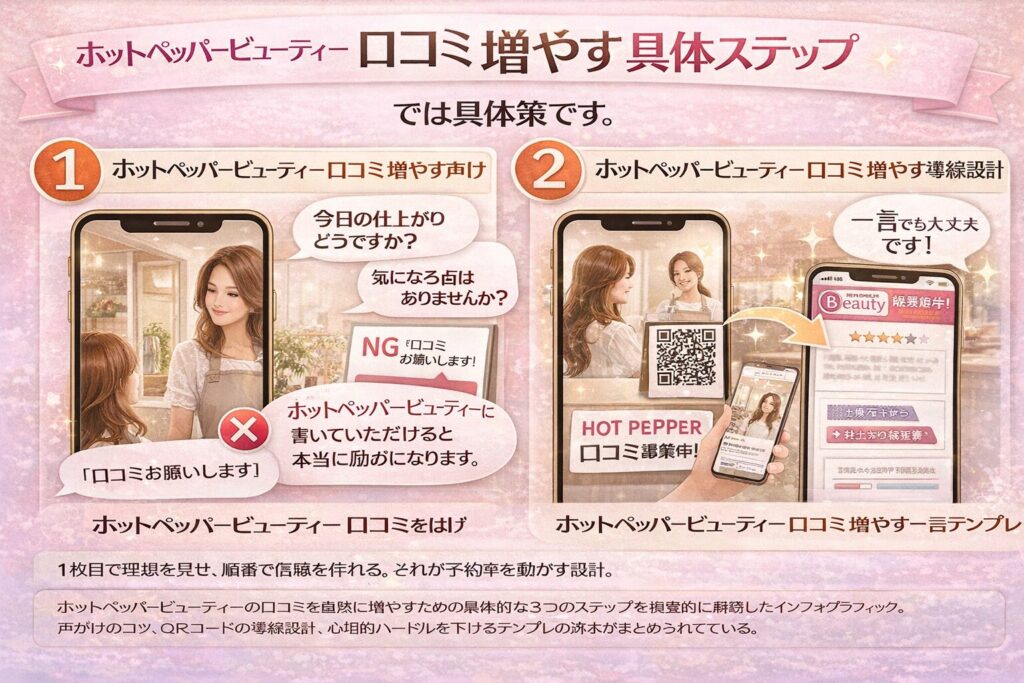 ホットペッパービューティーで口コミを増やす具体ステップをまとめた横型インフォグラフィック。①感情が乗った瞬間に声かけする方法、②QRコードからその場で口コミページへ誘導する導線設計、③「一言でも大丈夫」と伝える心理ハードルを下げるテンプレの3ポイントを図解している。