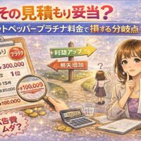 その見積もり妥当？ホットペッパープラチナ料金で損する分岐点を解説するアイキャッチ画像。高額請求書を前に悩むサロンオーナーと、利益か損失かの分かれ道を表現したイラスト。