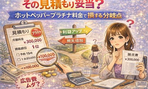 その見積もり妥当？ホットペッパープラチナ料金で損する分岐点を解説するアイキャッチ画像。高額請求書を前に悩むサロンオーナーと、利益か損失かの分かれ道を表現したイラスト。