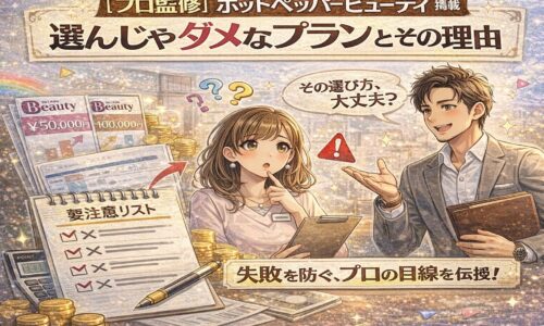 ホットペッパービューティー掲載で選んじゃダメなプランをプロ監修で解説するイラスト。サロンオーナーが料金表や注意リストを前に悩み、専門家がアドバイスしている様子。