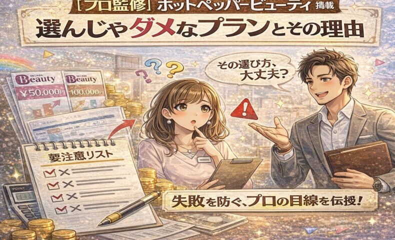 ホットペッパービューティー掲載で選んじゃダメなプランをプロ監修で解説するイラスト。サロンオーナーが料金表や注意リストを前に悩み、専門家がアドバイスしている様子。