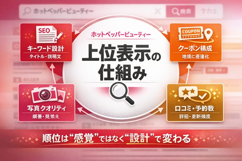 ホットペッパービューティーの上位表示の仕組みを図解したインフォグラフィック。キーワード設計、クーポン構成、写真クオリティ、口コミ・予約数が順位に影響することを示している画像。