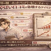 ホットペッパービューティーで悪い口コミが急増するタイミングを示した日本風アニメ調のアイキャッチ画像。口コミ数が急上昇するグラフと、不安そうなサロンオーナー、レビュー通知が描かれている。