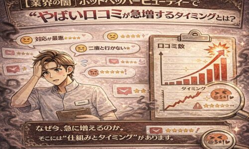 ホットペッパービューティーで悪い口コミが急増するタイミングを示した日本風アニメ調のアイキャッチ画像。口コミ数が急上昇するグラフと、不安そうなサロンオーナー、レビュー通知が描かれている。