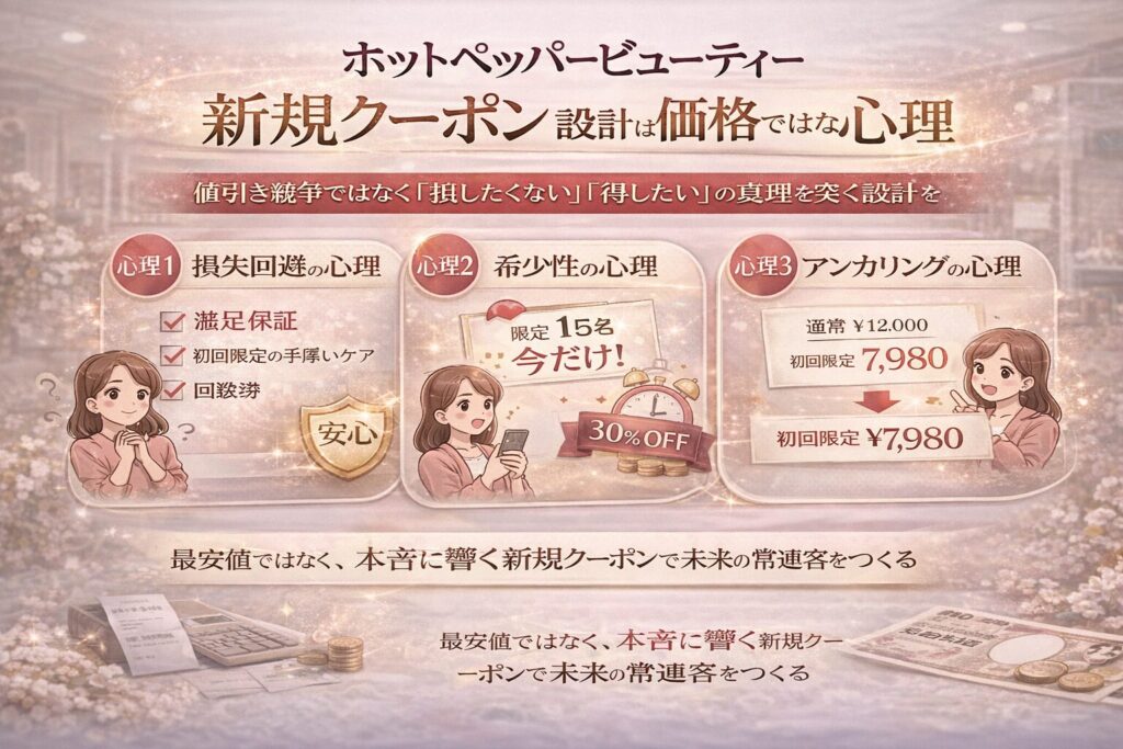 ホットペッパービューティー新規クーポン設計は価格ではなく心理が重要であることを、損失回避・希少性・アンカリングの3つの心理効果で解説した横型インフォグラフィック
