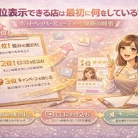 ホットペッパービューティーで上位表示できる店が最初に行っている攻略の順番を解説したイラスト。強みの差別化・口コミ施策・キャンペーン活用が分かる構図。