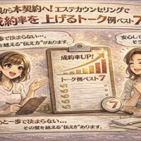 エステ体験後のカウンセリングで本契約へ導くトーク例を解説する日本風アニメ調のアイキャッチ画像。成約率アップのグラフと安心した顧客、丁寧に説明するエステティシャンが描かれている。