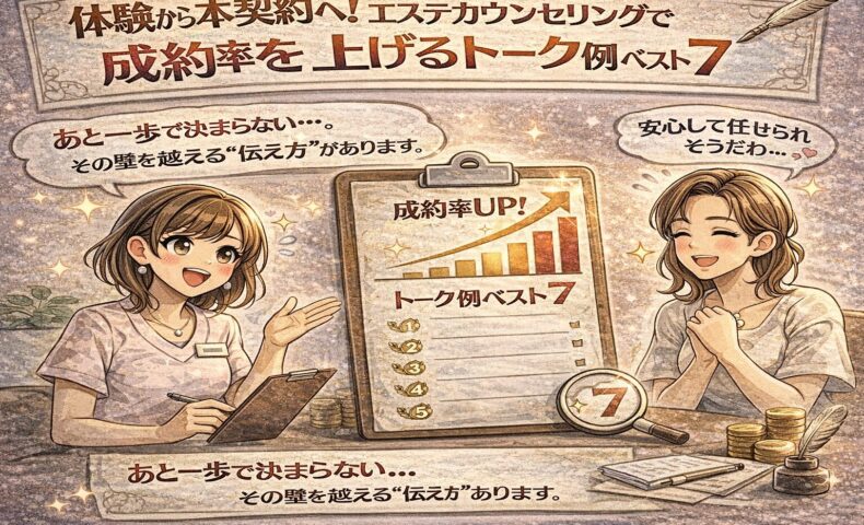 エステ体験後のカウンセリングで本契約へ導くトーク例を解説する日本風アニメ調のアイキャッチ画像。成約率アップのグラフと安心した顧客、丁寧に説明するエステティシャンが描かれている。