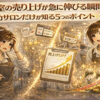 美容室の売上が急成長する瞬間を表現した、グラフ上昇と笑顔のスタイリストを描いたアニメ風アイキャッチ画像