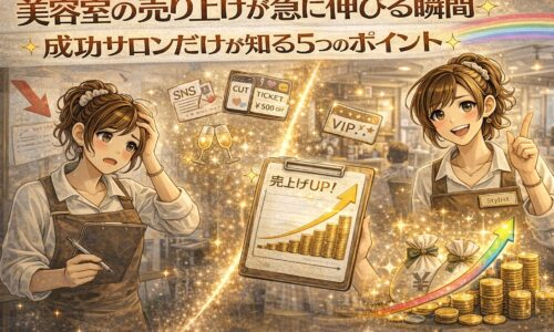 美容室の売上が急成長する瞬間を表現した、グラフ上昇と笑顔のスタイリストを描いたアニメ風アイキャッチ画像