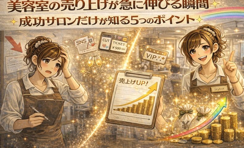 美容室の売上が急成長する瞬間を表現した、グラフ上昇と笑顔のスタイリストを描いたアニメ風アイキャッチ画像