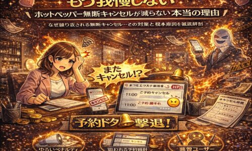 ホットペッパービューティーで無断キャンセルが繰り返され、悩むサロンスタッフと予約管理画面を描いたイラスト。無断キャンセル問題の原因と対策を示唆するビジュアル。