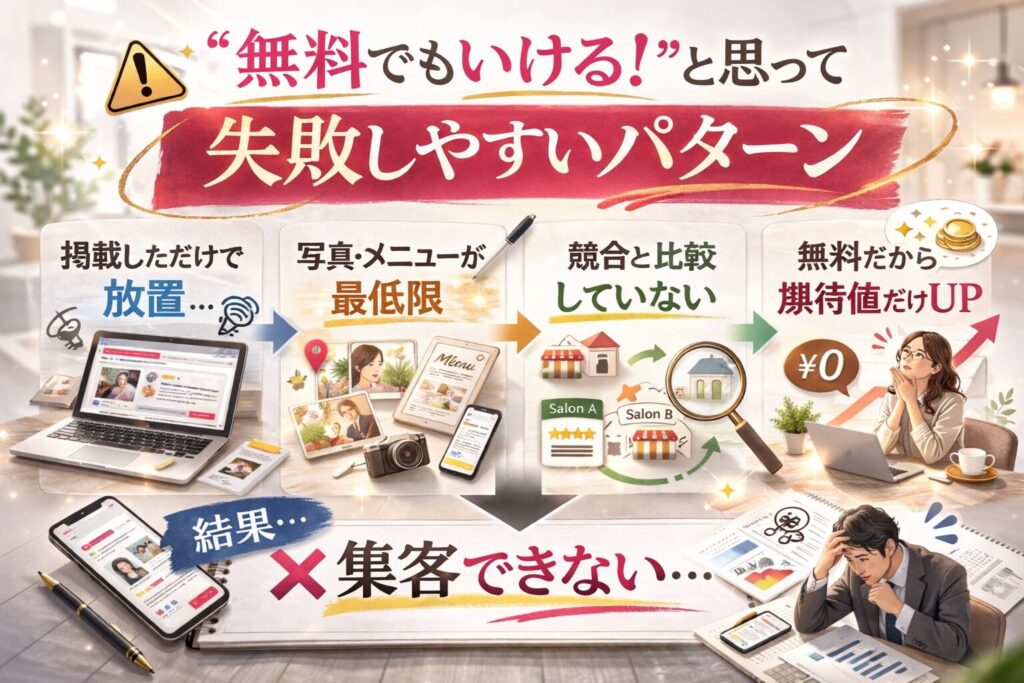 「無料でもいける」と思って失敗しやすいパターン（掲載放置・写真やメニュー不足・競合比較なし・期待値先行）を解説した横型インフォグラフィック画像
