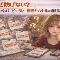 ホットペッパービューティーで無断キャンセルが増える理由を解説するアイキャッチ画像。キャンセル表示の予約表と悩むサロン経営者の女性イラストで、無断キャンセル対策の難しさを表現。
