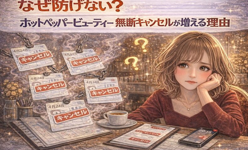 ホットペッパービューティーで無断キャンセルが増える理由を解説するアイキャッチ画像。キャンセル表示の予約表と悩むサロン経営者の女性イラストで、無断キャンセル対策の難しさを表現。