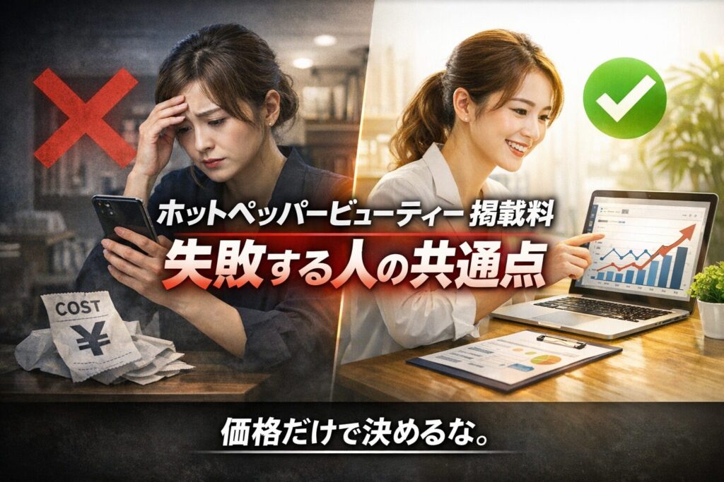 ホットペッパービューティー掲載料で失敗する人の共通点を示す比較画像。価格だけで悩むサロンオーナーと、分析改善で成果を出すオーナーの対比ビジュアル。