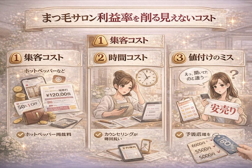 まつ毛サロンの利益率を削る見えないコストを解説した横型インフォグラフィック画像。集客コスト、時間コスト、値付けのミスの3要因を視覚的に表現している。
