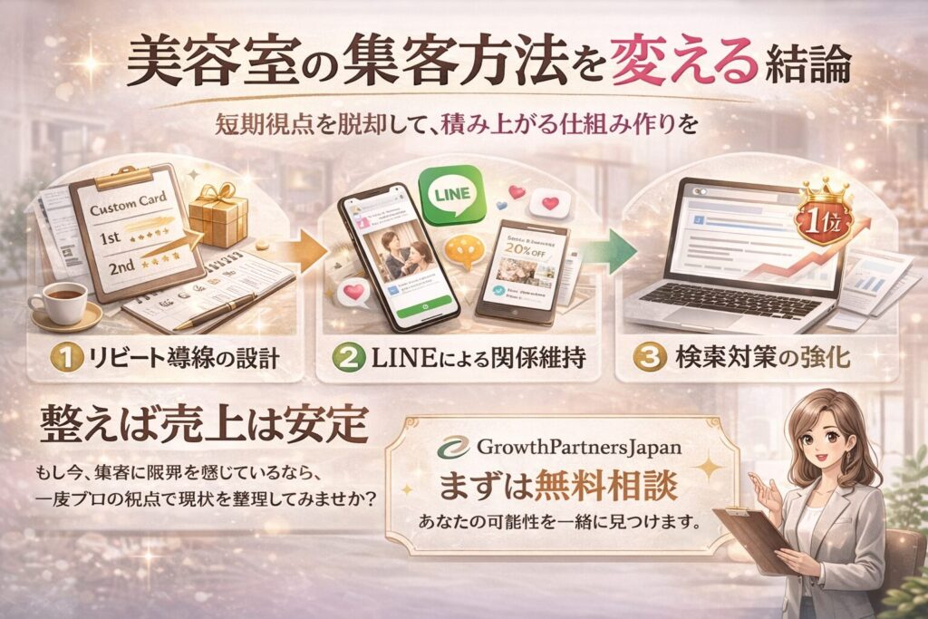 美容室の集客方法を変えるための3つの仕組み（リピート導線設計・LINE関係維持・検索対策強化）と無料相談訴求をまとめた横型インフォグラフィック画像