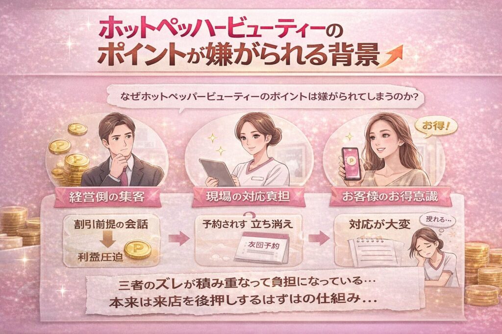 ホットペッパービューティーのポイントが嫌がられる背景を解説した横型インフォグラフィック。経営側・現場スタッフ・お客様の三者のズレと負担構造を示す画像。