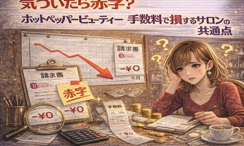 ホットペッパービューティーの手数料によって赤字に気づき、頭を抱えるサロンオーナーを描いたアイキャッチ画像。減少する利益と請求書で損失の共通点を表現。
