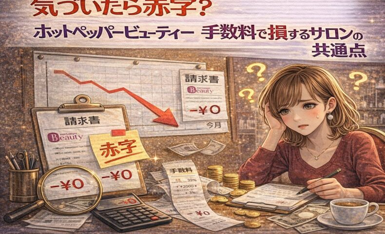 ホットペッパービューティーの手数料によって赤字に気づき、頭を抱えるサロンオーナーを描いたアイキャッチ画像。減少する利益と請求書で損失の共通点を表現。