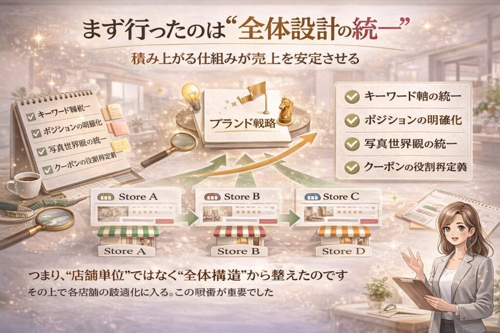多店舗経営における全体設計の統一（キーワード軸・ポジション・写真世界観・クーポン設計）を示した横型マーケティング戦略インフォグラフィック画像