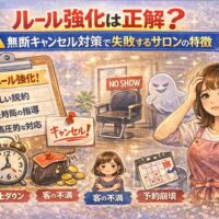 ルール強化は正解？無断キャンセル対策で失敗するサロンの特徴を解説したアイキャッチ画像。厳しい規約やNO SHOW表示に悩むサロンオーナーのイラスト。