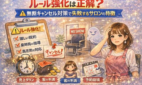 ルール強化は正解？無断キャンセル対策で失敗するサロンの特徴を解説したアイキャッチ画像。厳しい規約やNO SHOW表示に悩むサロンオーナーのイラスト。