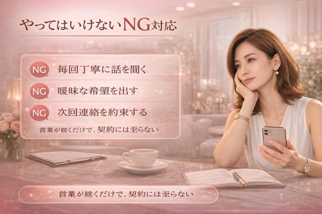 ホットペッパー営業が長期化するNG対応を解説する美容サロン向け横型マーケティング画像。毎回丁寧に話を聞く・曖昧な希望を出す・次回連絡を約束する行動のリスクを示している。