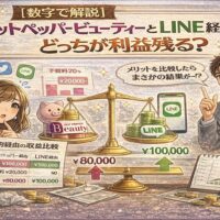 ホットペッパービューティー経由とLINE経由の売上・利益を比較するグラフを前に、どちらが利益が残るか検討しているサロンオーナーを描いたイラスト