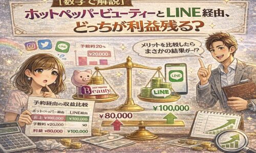 ホットペッパービューティー経由とLINE経由の売上・利益を比較するグラフを前に、どちらが利益が残るか検討しているサロンオーナーを描いたイラスト