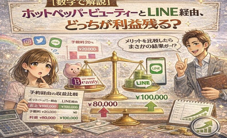ホットペッパービューティー経由とLINE経由の売上・利益を比較するグラフを前に、どちらが利益が残るか検討しているサロンオーナーを描いたイラスト