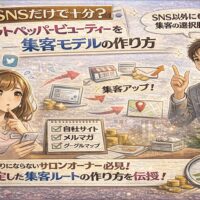SNS集客に取り組むサロンオーナーが、ホットペッパービューティーを使わない新しい集客モデルを検討している様子を描いたイラスト。スマートフォンのSNS画面や売上グラフが配置されている。