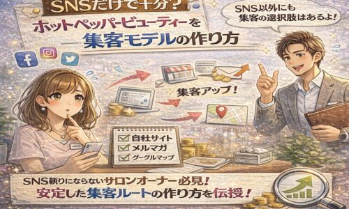 SNS集客に取り組むサロンオーナーが、ホットペッパービューティーを使わない新しい集客モデルを検討している様子を描いたイラスト。スマートフォンのSNS画面や売上グラフが配置されている。