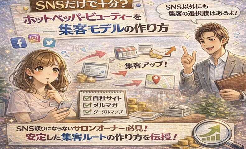 SNS集客に取り組むサロンオーナーが、ホットペッパービューティーを使わない新しい集客モデルを検討している様子を描いたイラスト。スマートフォンのSNS画面や売上グラフが配置されている。