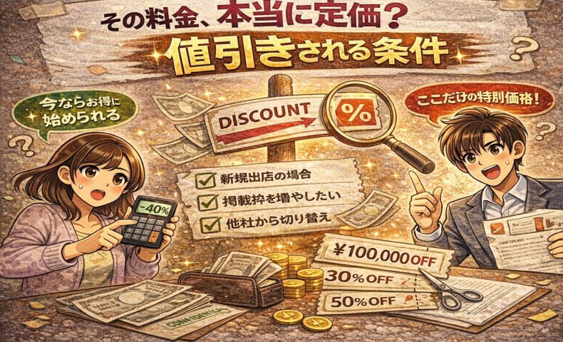 ホットペッパービューティー掲載料が値引きされる条件を示すイラスト。定価への疑問や割引条件を虫眼鏡で確認する様子と、割引率・金額が可視化されている。