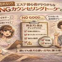 エステ初心者のカウンセリングトークのNG例を解説する日本風アニメ調のアイキャッチ画像。困惑する施術者と不安そうな顧客、注意点を示すチェックリストが描かれている。