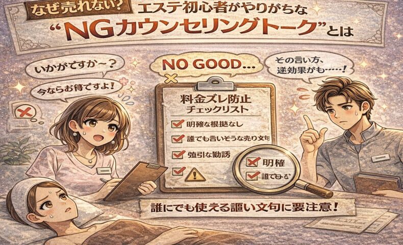 エステ初心者のカウンセリングトークのNG例を解説する日本風アニメ調のアイキャッチ画像。困惑する施術者と不安そうな顧客、注意点を示すチェックリストが描かれている。