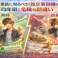 独立美容師の平均年収に対する期待と現実のギャップを、成功を喜ぶ美容師と資金や税金に悩む美容師の対比で描いたアニメ風アイキャッチ画像
