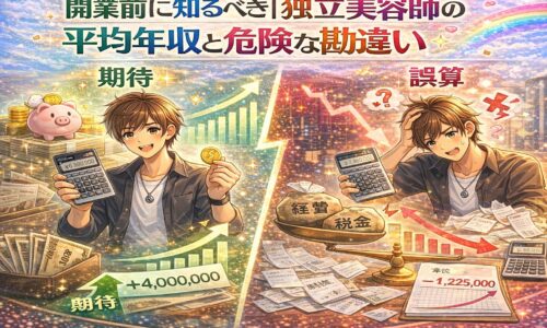 独立美容師の平均年収に対する期待と現実のギャップを、成功を喜ぶ美容師と資金や税金に悩む美容師の対比で描いたアニメ風アイキャッチ画像
