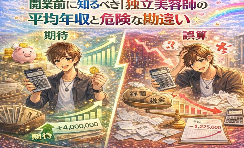 独立美容師の平均年収に対する期待と現実のギャップを、成功を喜ぶ美容師と資金や税金に悩む美容師の対比で描いたアニメ風アイキャッチ画像