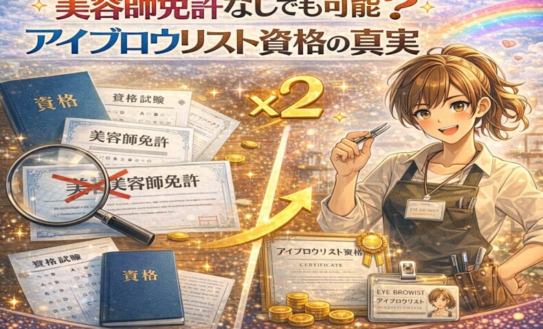 美容師免許の有無とアイブロウリスト資格の関係を、免許証にバツ印を付けた書類と資格証を持つアイブロウリストの対比で描いたアニメ風アイキャッチ画像