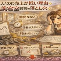 忙しいのに売上が伸びない1人美容室経営をテーマに、悩む美容師と売上計算表・予約不足・利益低下を示す要素を描いたアニメ風アイキャッチ画像