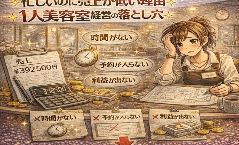 忙しいのに売上が伸びない1人美容室経営をテーマに、悩む美容師と売上計算表・予約不足・利益低下を示す要素を描いたアニメ風アイキャッチ画像