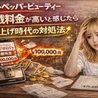 ホットペッパービューティー掲載料金の値上げに悩むサロン経営者の女性と、月額料金が表示されたスマホ、計算機や請求書が並ぶイメージ画像