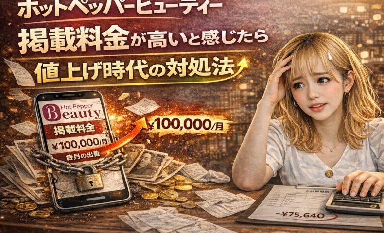 ホットペッパービューティー掲載料金の値上げに悩むサロン経営者の女性と、月額料金が表示されたスマホ、計算機や請求書が並ぶイメージ画像