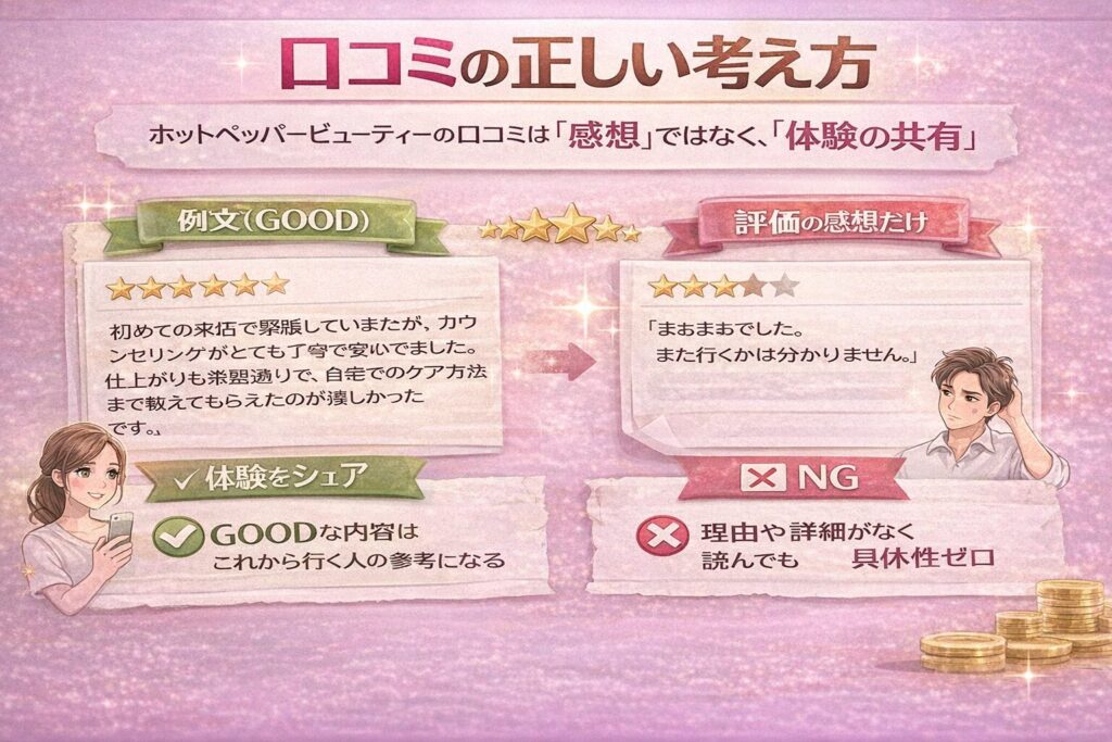 ホットペッパービューティーの口コミの正しい考え方を解説した横型インフォグラフィック。GOOD例とNG例を比較し、体験共有の重要性を示す画像。