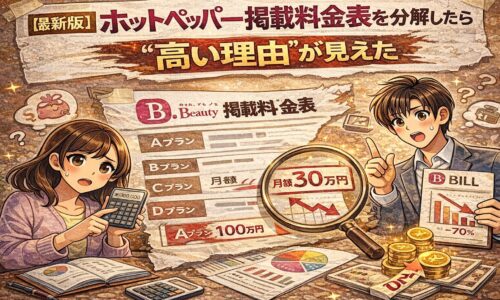 ホットペッパーの掲載料金表を分解し、高額になる理由を分析している様子を描いたイラスト。料金プラン表、月額30万円の強調表示、驚いた表情の男女が配置されている。