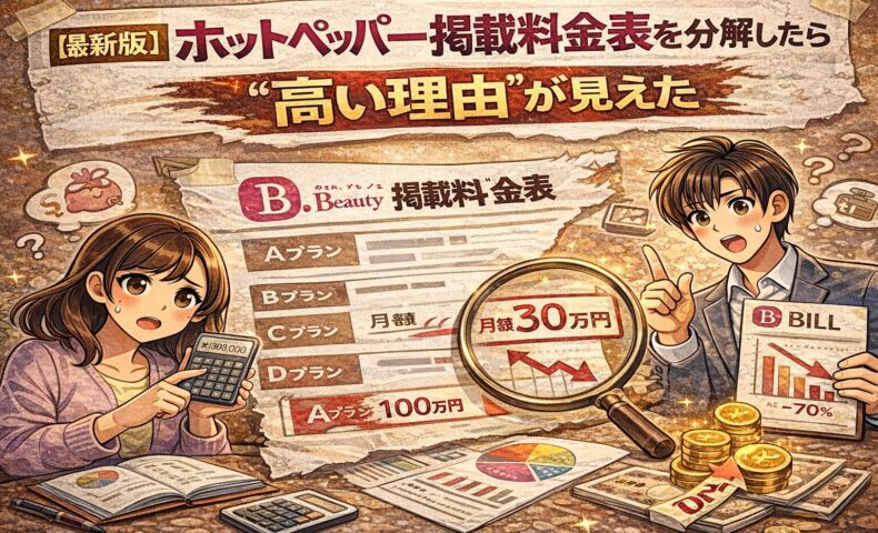 ホットペッパーの掲載料金表を分解し、高額になる理由を分析している様子を描いたイラスト。料金プラン表、月額30万円の強調表示、驚いた表情の男女が配置されている。